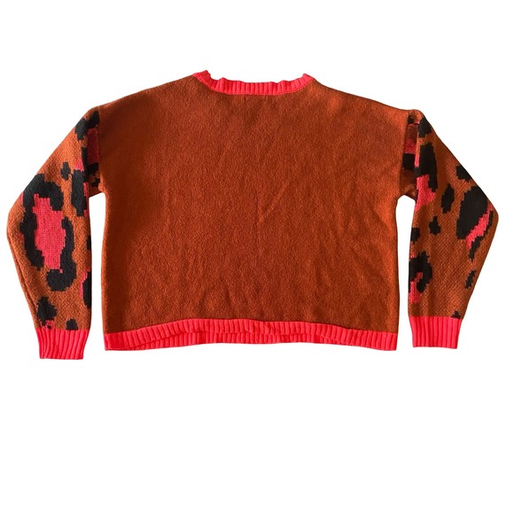 Vylette Women's Orange Tiger Leopard Print V Neck Long Sleeve Sweater Top L - Picture 2 of 8